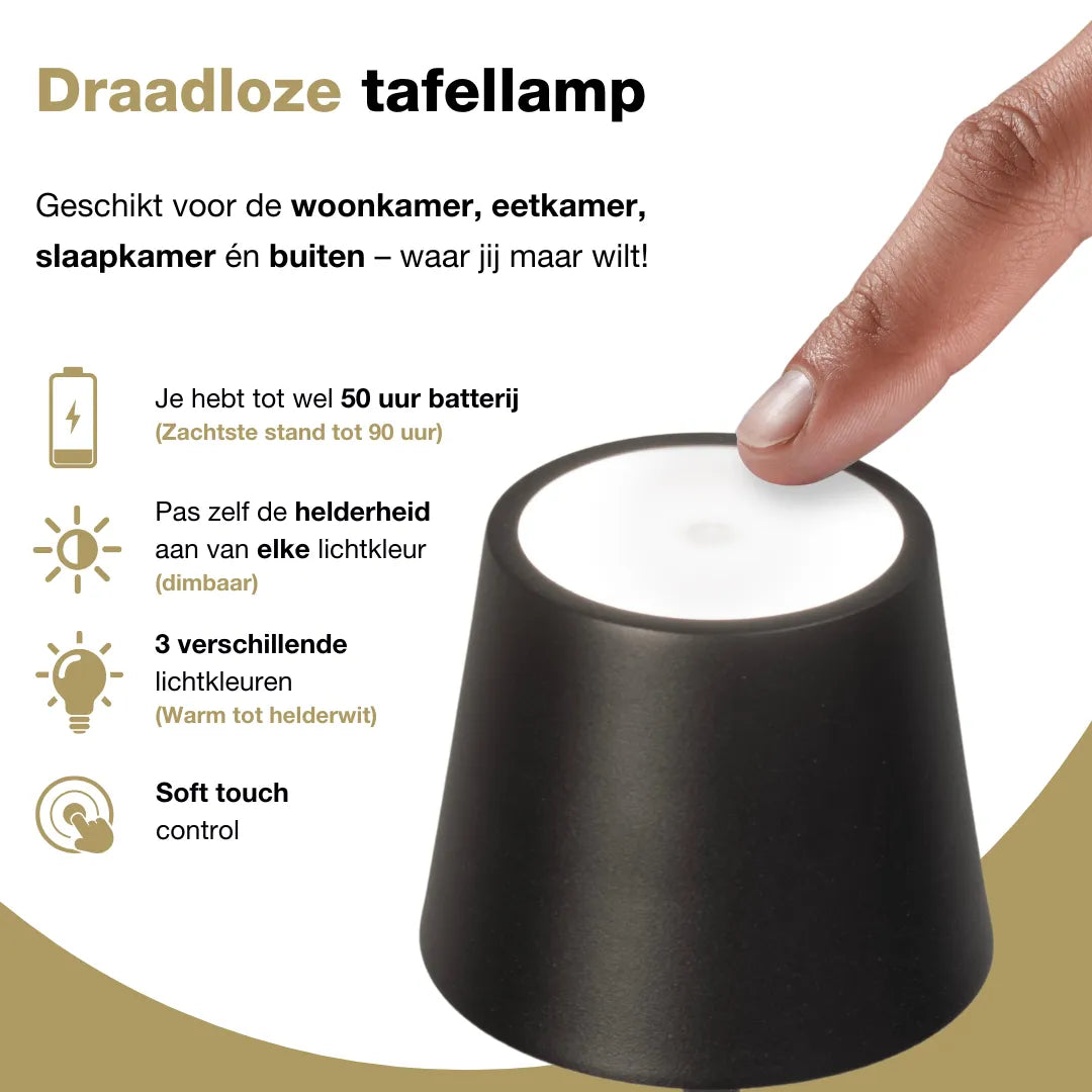 Tafellamp oplaadbaar - Draadloos en dimbaar - Messing