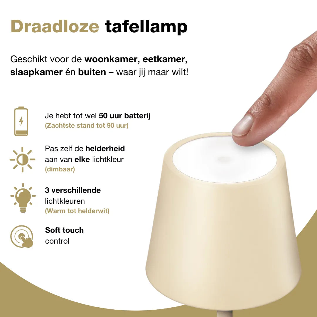 Genopladelig bordlampe - Trådløs og dæmpbar - Beige